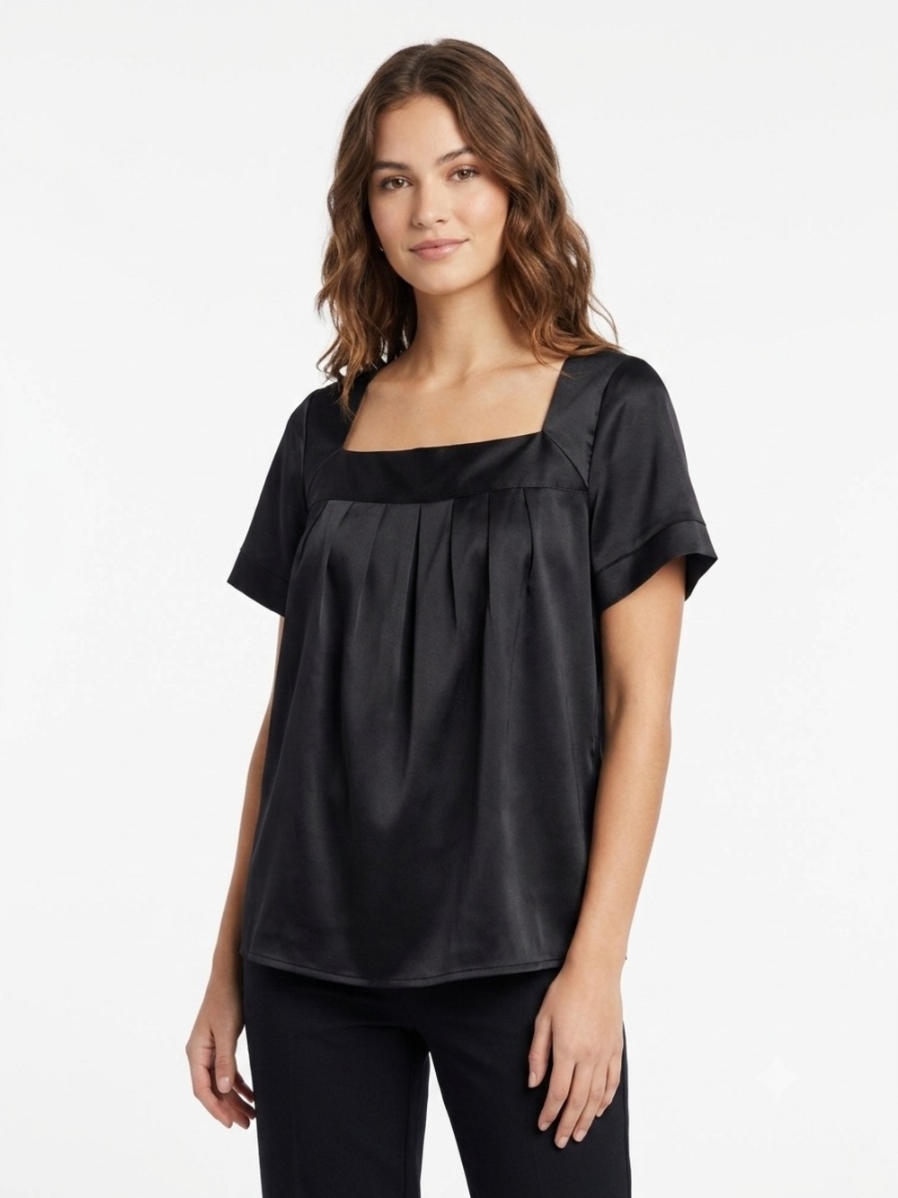 🆕🌙Apostrophe Black Satin Square-Neck Pleated Top